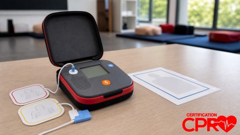 AED trainer and electrode pads for practicing voice prompts in a CPR classroom in Nashville.