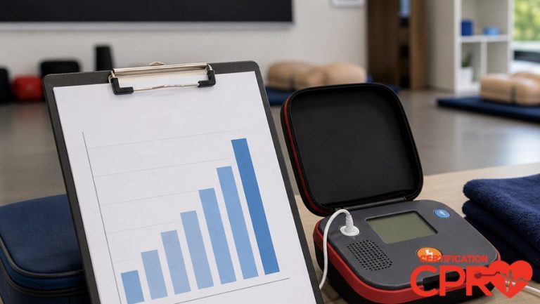 CPR statistics chart with AED trainer in a CPR classroom in Nashville.