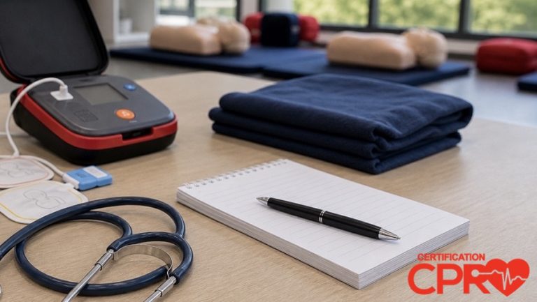 AED trainer, stethoscope, and CPR classroom supplies for an article on heart attack versus cardiac arrest in Nashville.