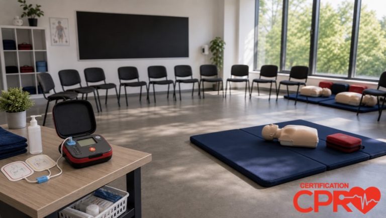 CPR classroom setup for practicing emergency response skills in Nashville.