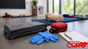 First aid training supplies for practicing seizure response in a CPR classroom in Nashville.
