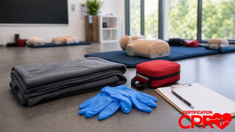First aid training supplies for practicing seizure response in a CPR classroom in Nashville.