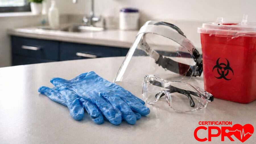 CPR training supplies including gloves, goggles, and biohazard container in Nashville.